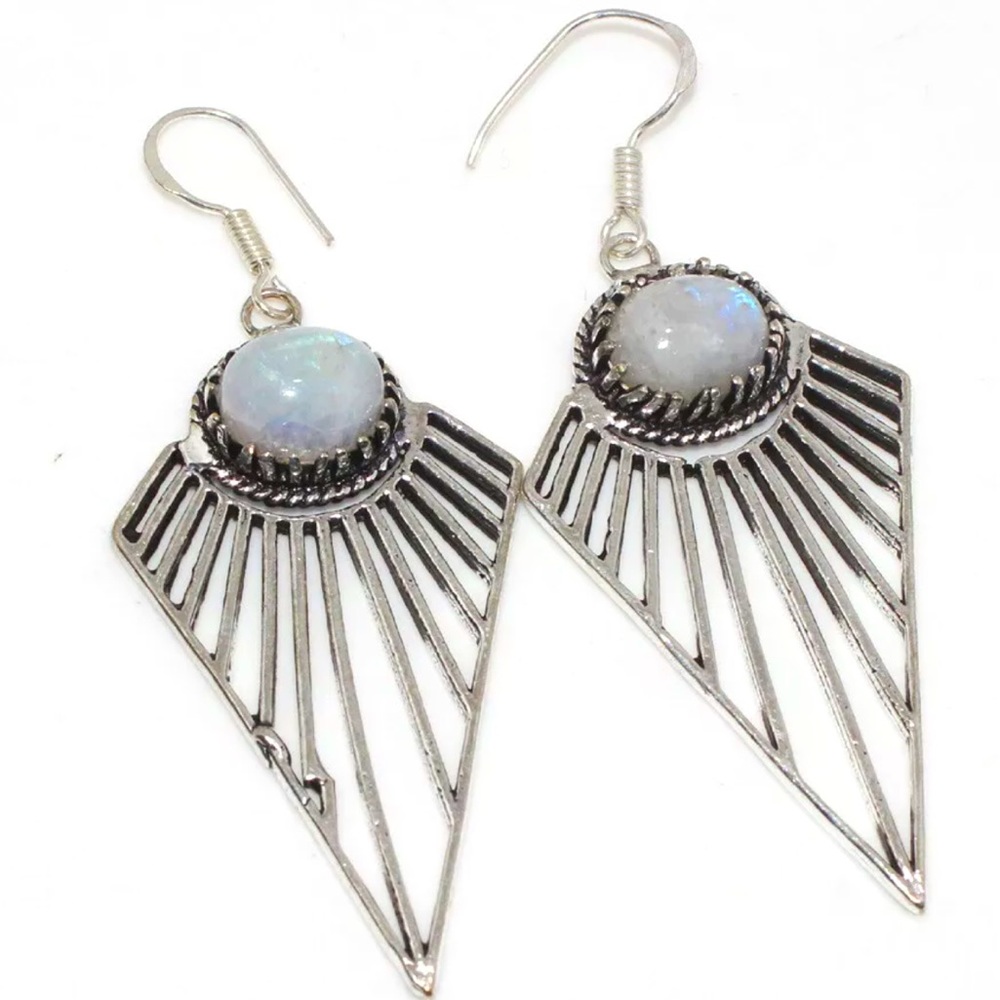 Rainbow Moonstone Silver Earrings, New